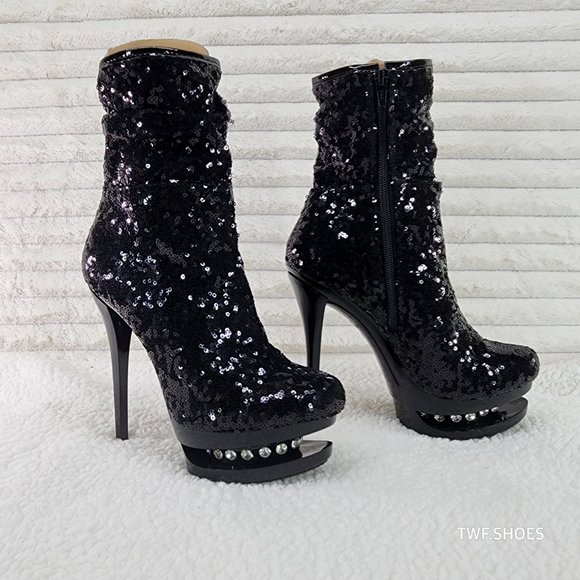Pleaser Sexy Black Sequin High Heel Slouch Ankle Boots Blondie 1009 - Picture 7 of 8